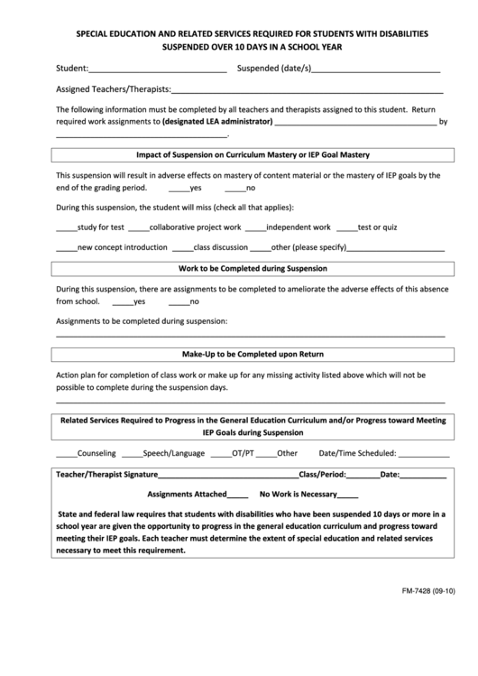 Fillable Form Fm-7428 - Special Education And Related Services Required For Students With Disabilities Suspended Over 10 Days In A School Year Printable pdf