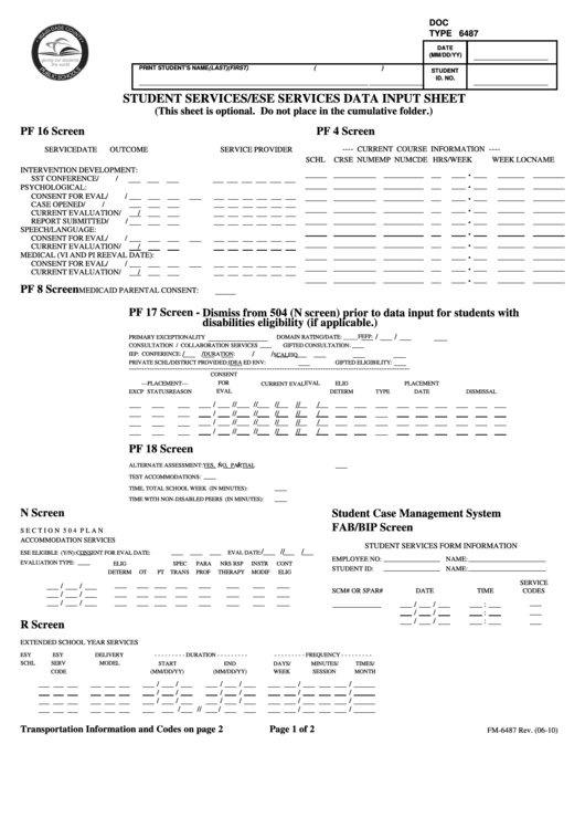 Fillable Form Fm-6487 - Student Services/ese Services Data Input Sheet Printable pdf