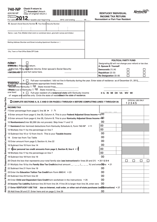 Fillable Form 740-Np - Kentucky Individual Incometax Return Nonresident Or Part-Year Resident - 2012 Printable pdf