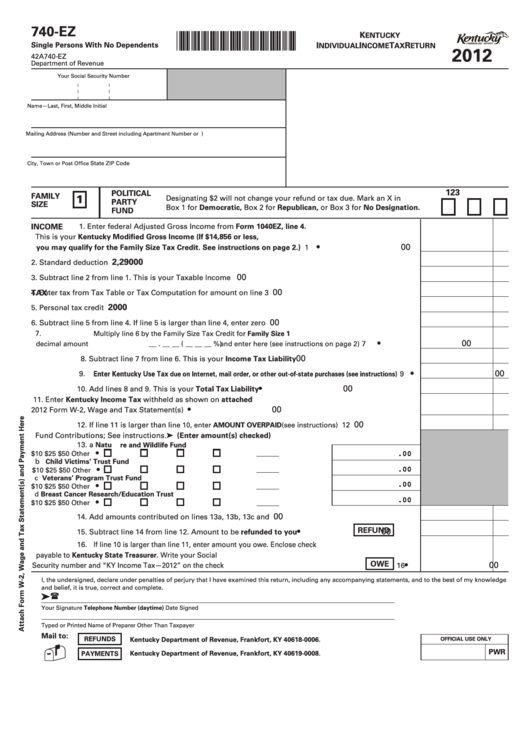 Fillable Form 740-Ez - Kentucky Individual Income Tax Return - 2012 Printable pdf