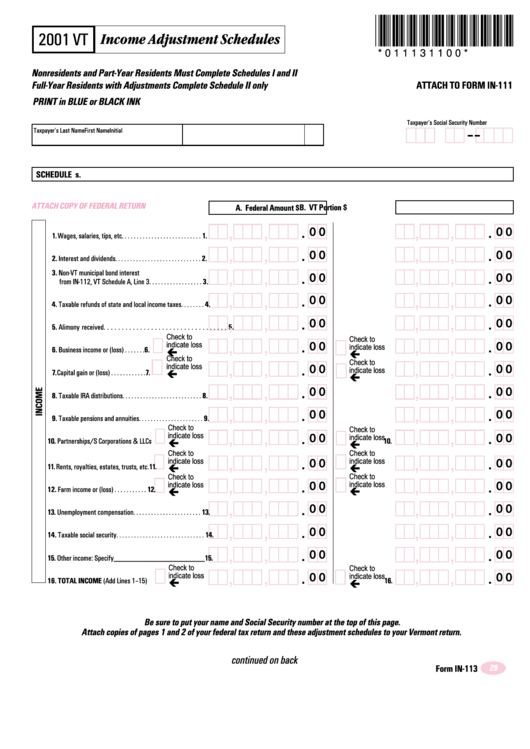 Form In-113 - Vt Income Adjustment Schedules - 2001 Printable pdf
