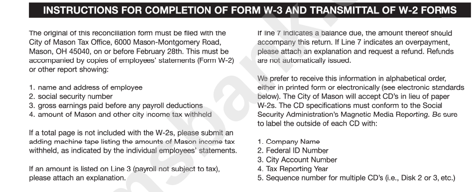 Form W-3 - City Of Mason Withholding Tax Reconciliation For Tax Year 2015