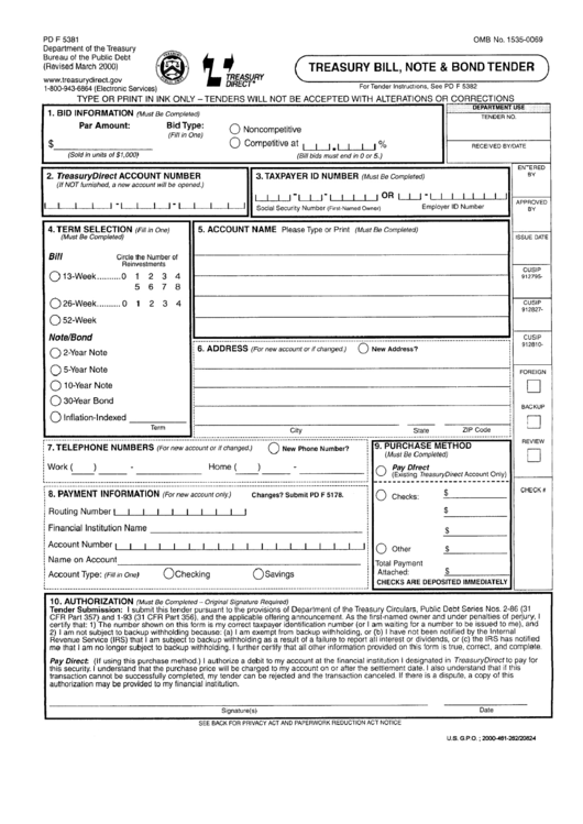 Form Pd F 5381 - Treasury Bill, Note & Bond Tender Printable pdf