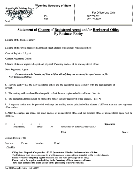 Fillable Statement Of Change Of Registered Agent And/or Registered Office By Business Entity - Wyoming Secretary Of State Printable pdf
