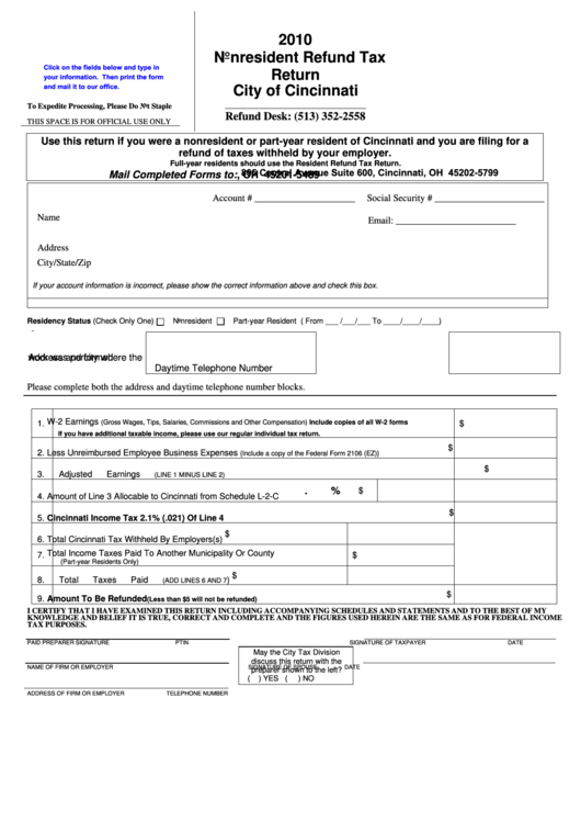 Fillable 2010 Nonresident Refund Tax Return - City Of Cincinnati Printable pdf