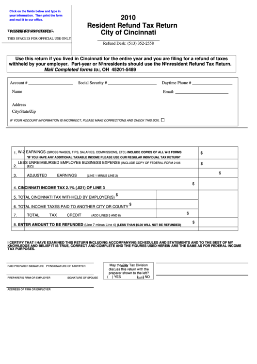 Fillable Resident Refund Tax Return Form - City Of Cincinnati - 2010 Printable pdf
