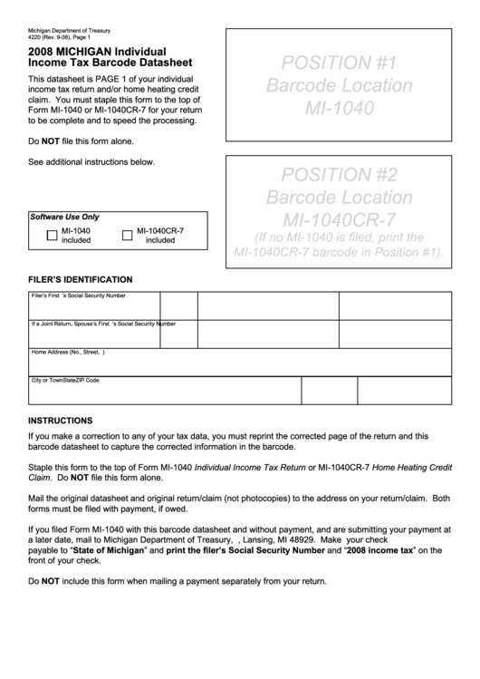 Form 4220 - Michigan Individual Income Tax Barcode Datasheet - 2008 Printable pdf