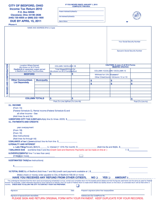 Income Tax Return - City Of Bedford - 2010 Printable pdf