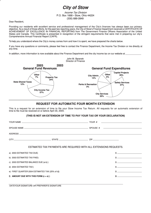 Request For Automatic Four Month Extension - City Of Stow - Income Tax Division - 2003 Printable pdf