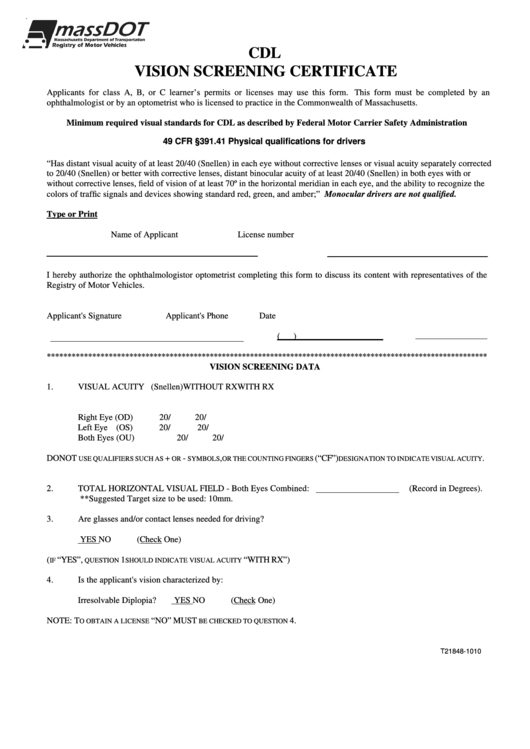 Cdl Vision Screening Certificate -Registry Of Motor Vehicles Printable pdf