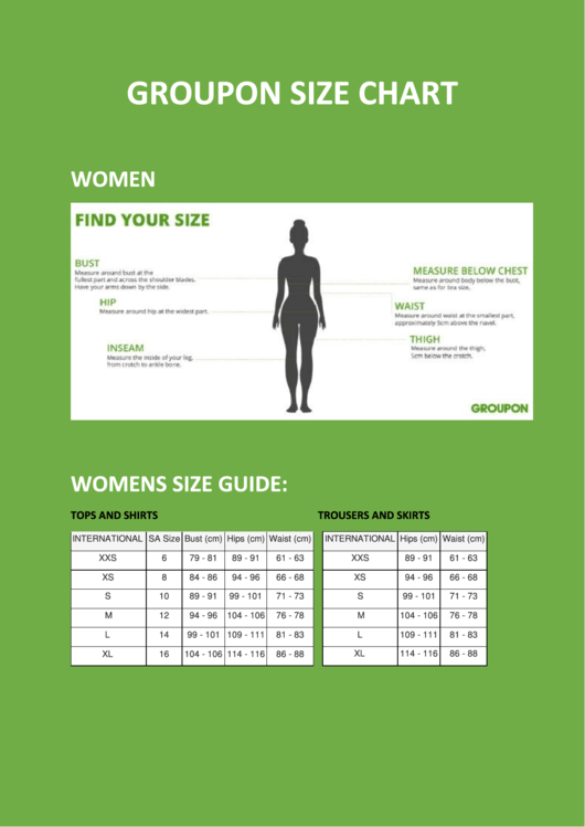 Groupon Size Chart Printable pdf