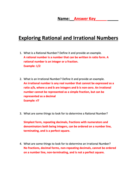 Exploring Rational And Irrational Numbers - Worksheet With Answers Printable pdf