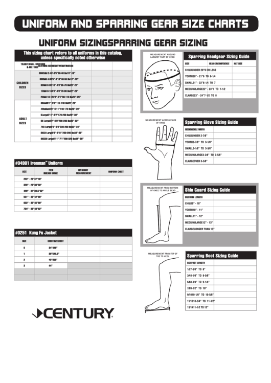 Uniform And Sparring Gear Size Charts Printable pdf