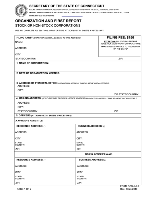 Form Cos-1-1.0 - Organization And First Report - Stock Or Non-Stock Corporations Printable pdf