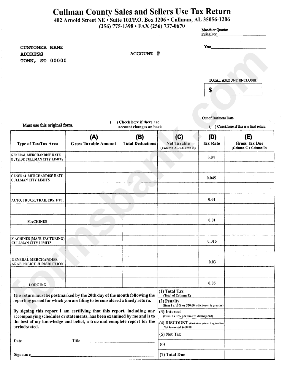 Cullman County Sales And Sellers Use Tax Return Form printable pdf download