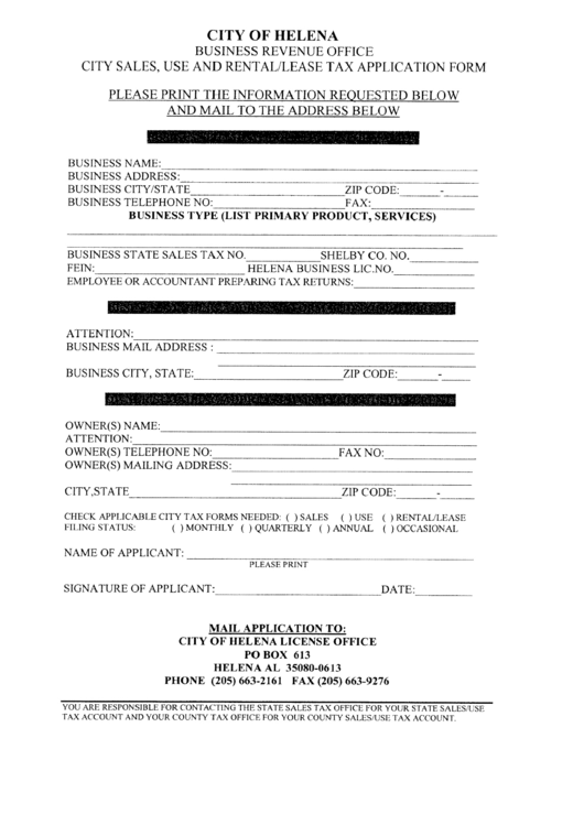City Sales, Use And Rental/lease Tax Application Form - City Of Helena - Business Revenue Office Printable pdf