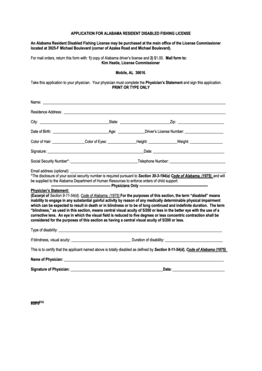 Fillable Application For Alabama Resident Disabled Fishing License Form Printable pdf