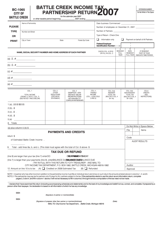 Form Bc-1065 - Battle Creek Income Tax Partnership Return - 2007 Printable pdf