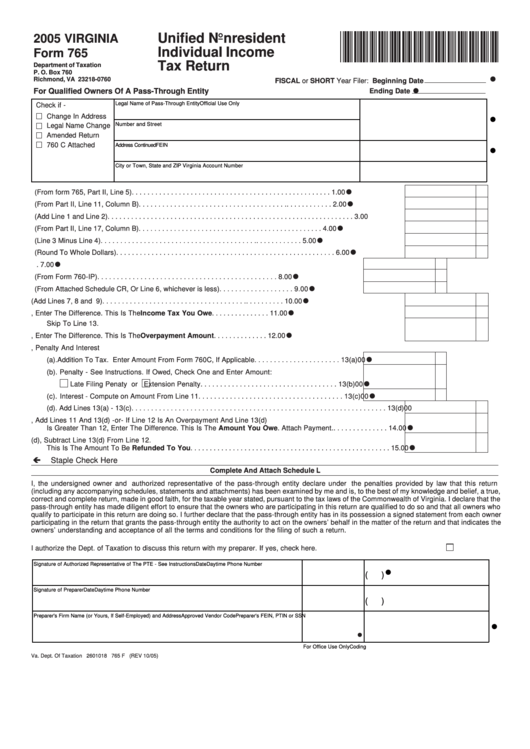 Form 765 - Unified Nonresident Individual Income Tax Return - 2005 Printable pdf