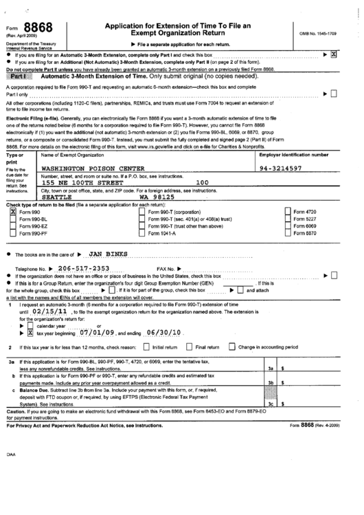 Form 8868 - Application For Extension Of Time To File An Exempt Organization Return - Filing Example (With Form 990 As Filed Return) Printable pdf