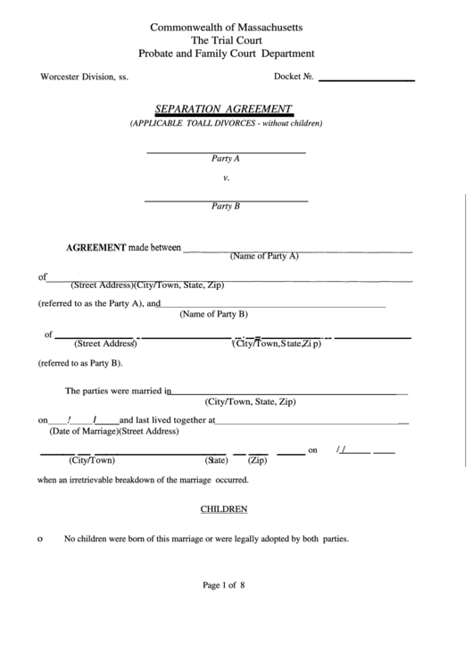 Separation Agreement - Massachusetts Family Court Printable pdf