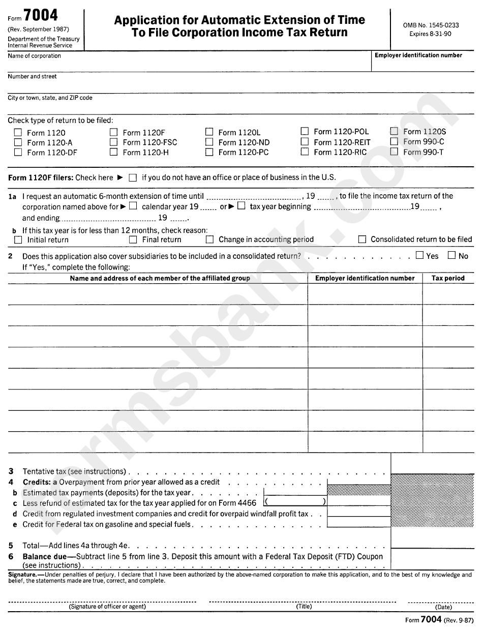 Form 7004 - Application For Automatic Extension Of Time To File Corporation Income Tax Return - Department Of Treasury