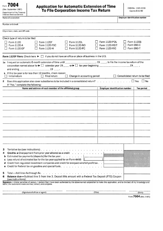 Form 7004 Application For Automatic Extension Of Time To File