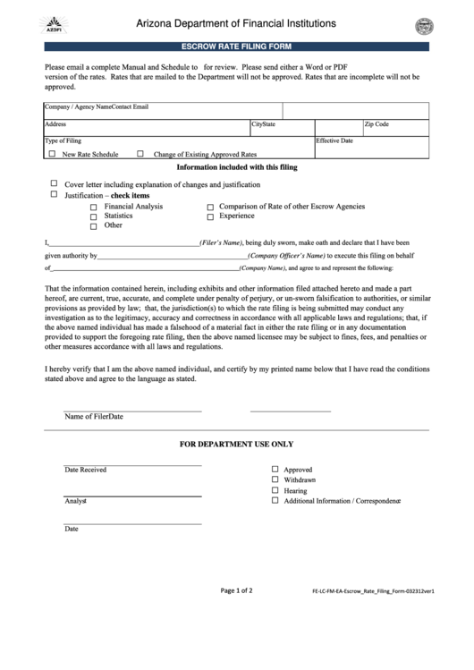 Fillable Escrow Rate Filing Form - Arizona Department Of Financial Institutions Printable pdf