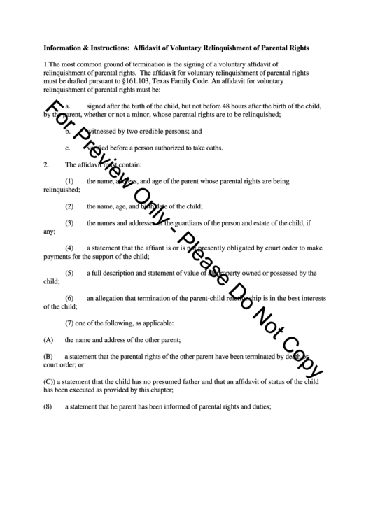 Affidavit Of Voluntary Relinquishment Of Parental Rights - Texas District Court Printable pdf