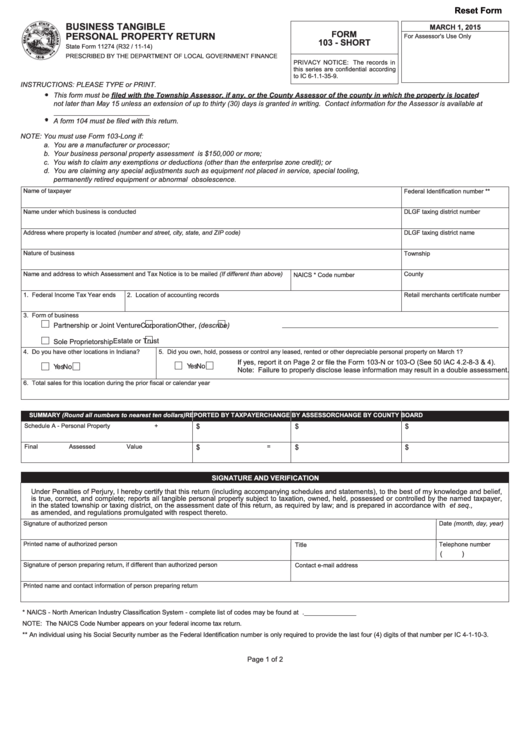 Fillable Form 103 (Short) - Business Tangible Personal Property Return Printable pdf