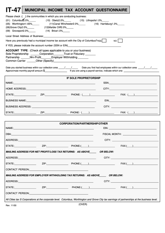 Form It-47 - Municipal Income Tax Account Questionnaire - 2000 