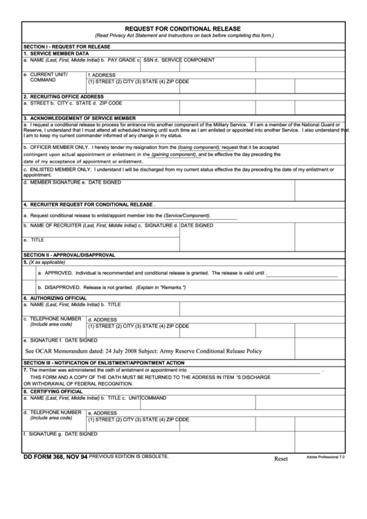 Dd Form 368 - Request For Conditional Release