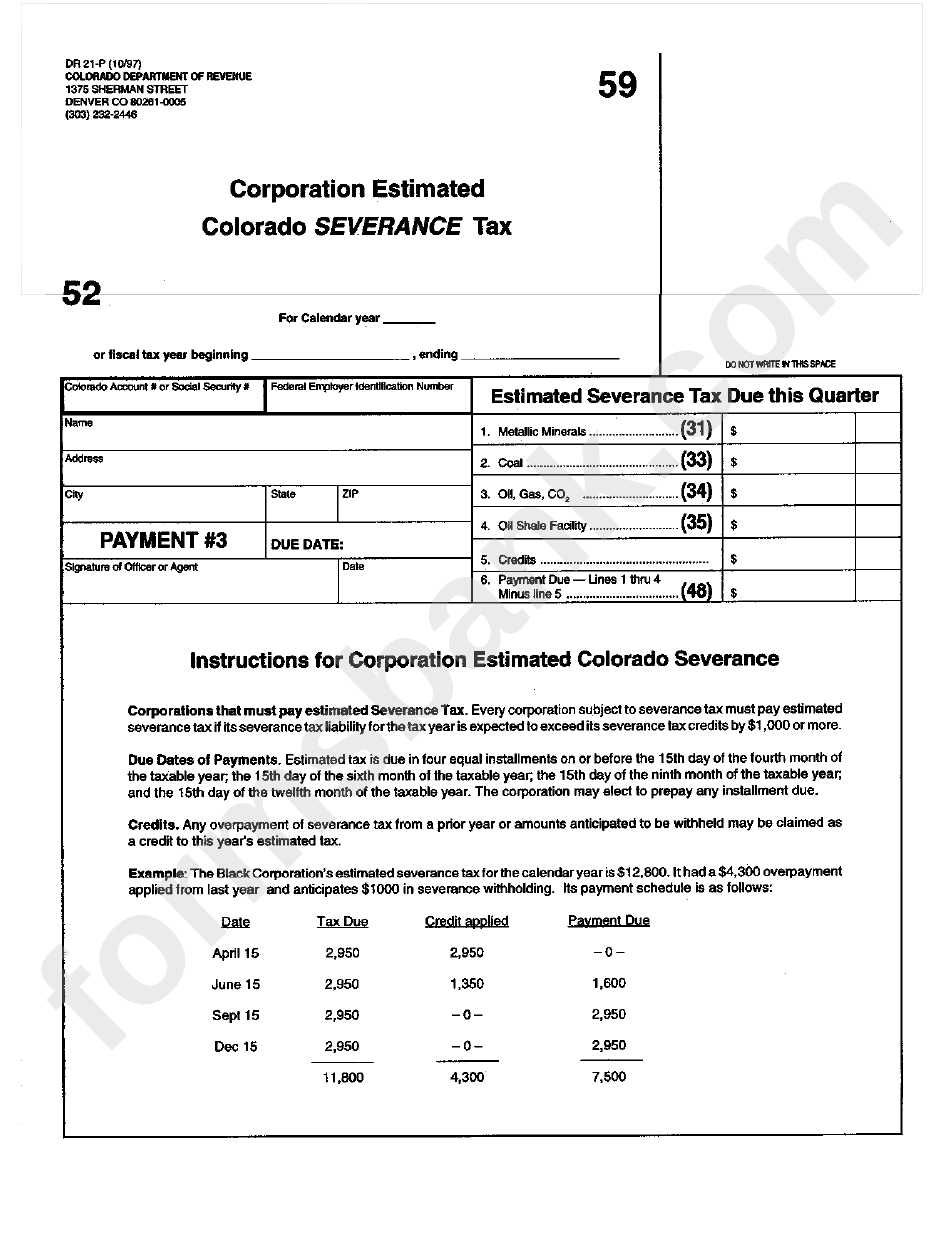Form Dr 21-P - Corporation Estimated Colorado Severance Tax