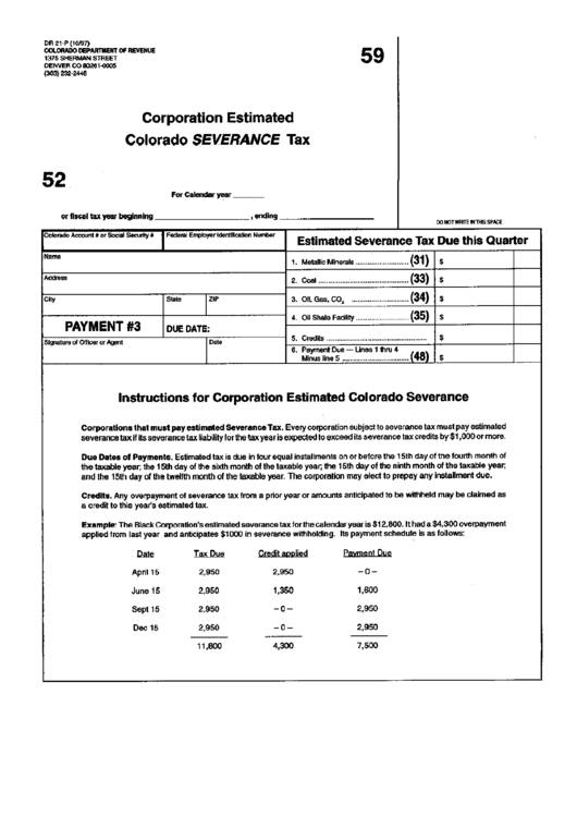 Form Dr 21P Corporation Estimated Colorado Severance Tax printable