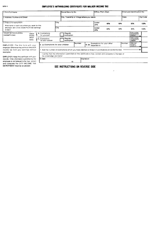 Form Ww-4 - Employee'S Withholding Certificate For Walker Income Tax ...