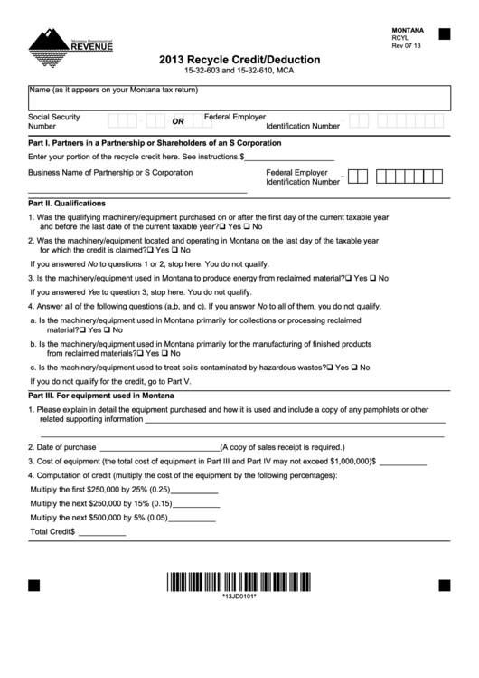 Montana Form Rcyl - Recycle Credit/deduction - 2013 Printable pdf