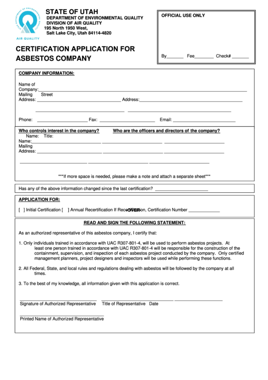 Certification Application For Asbestos Company Form - Department Of Environmental Quality Printable pdf