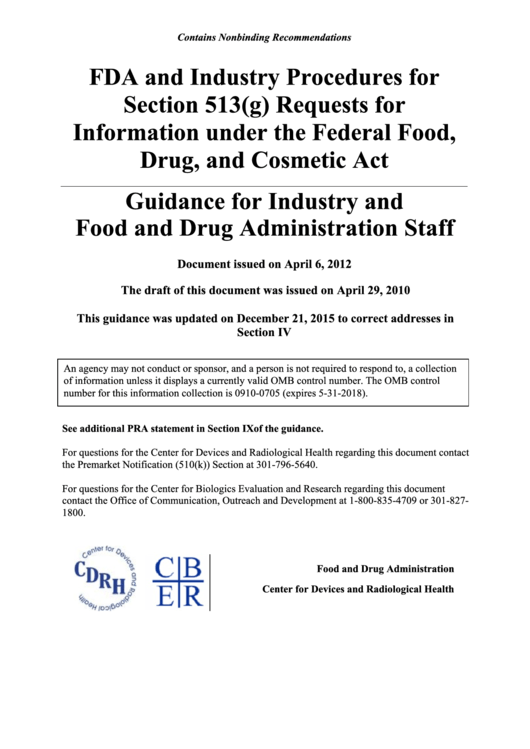 Guidance For Industry And Food And Drug Administration Staff - U.s. Department Of Health And Human Services - 2012 Printable pdf