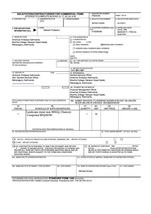 Standart Form 1449 - Solicitation/contract/order For Commercial Items Form - 2005 Printable pdf