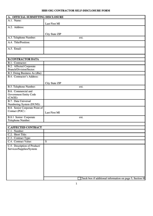Hhs Oig Contractor Self-Disclosure Form - U.s. Department Of Health And Human Services Printable pdf