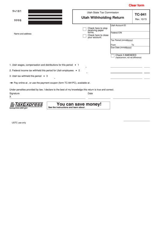 Fillable Form Tc-941 - Utah Withholding Return - Utah State Tax Commission Printable pdf