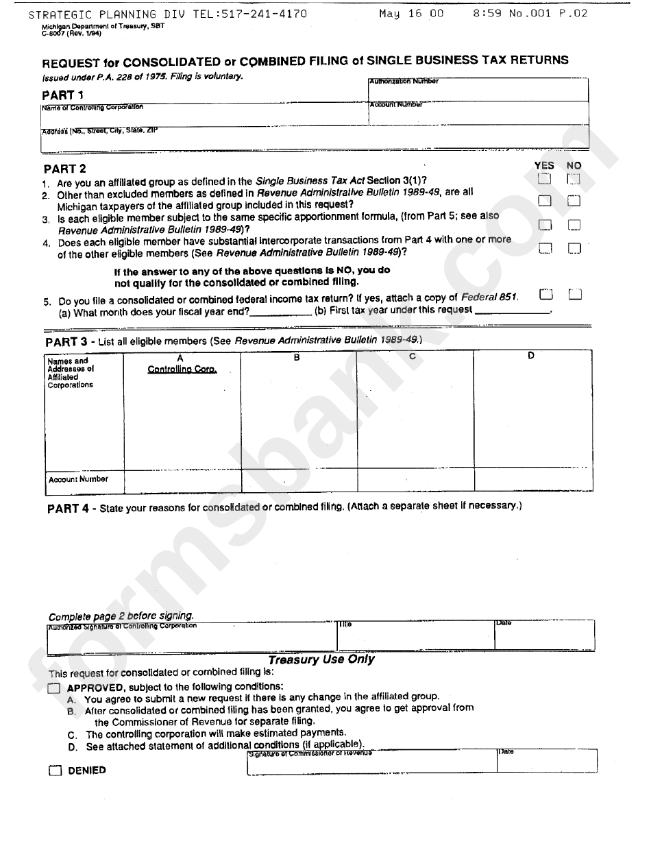 Form C-8007 - Request For Consolidated Or Combined Filing Of Single Business Tax Returns - 1994