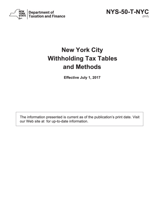 Nys-50-T-Nyc - York City Withholding Tax Tables And Methods - 2017 Printable pdf
