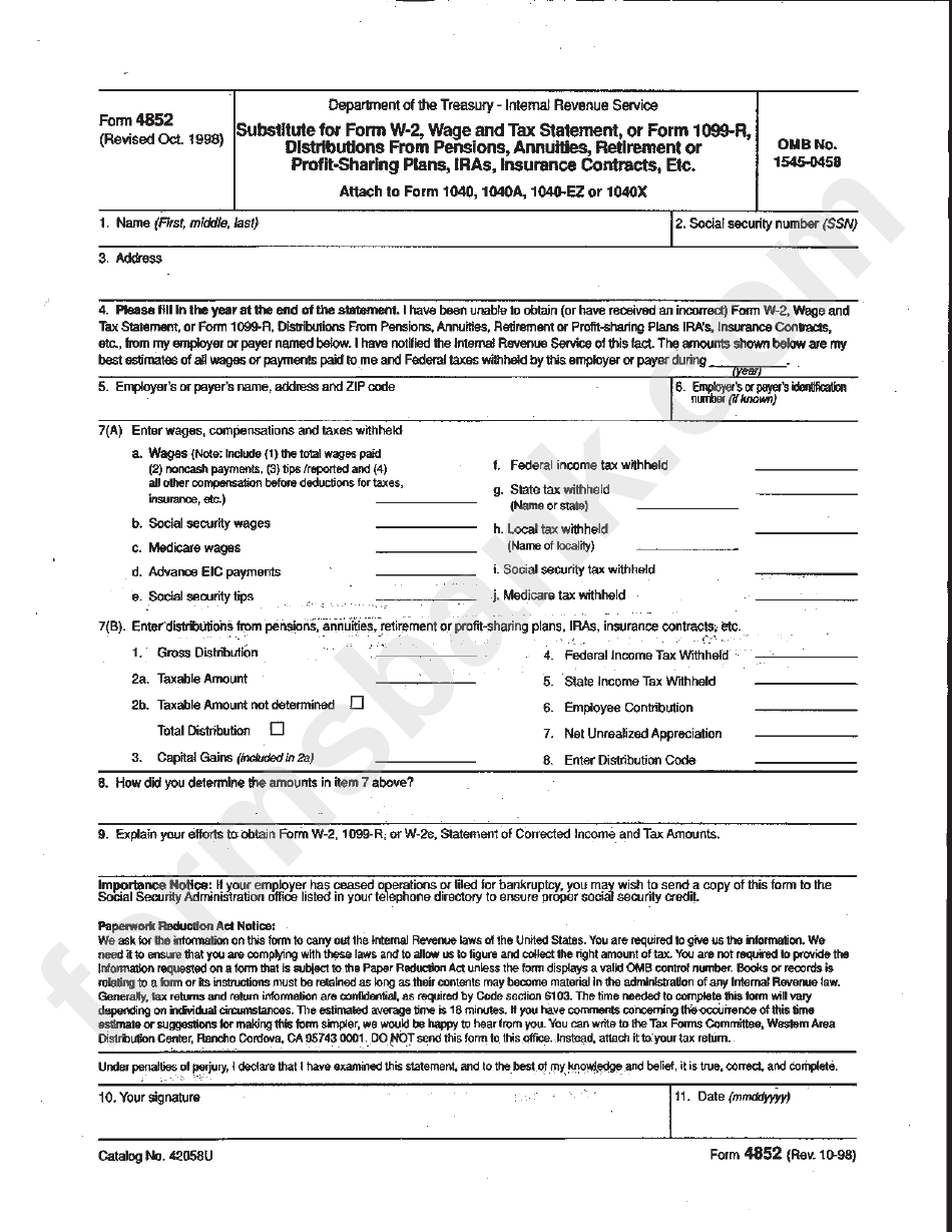 Form 4852 - Substitute For Form W-2, Wage And Tax Statement, Or Form 1099-R, Distributions Form Pensions, Annuities, Retirement Or Profit-Sharing Plans, Iras, Insurance Contacts, Ets. - 1998