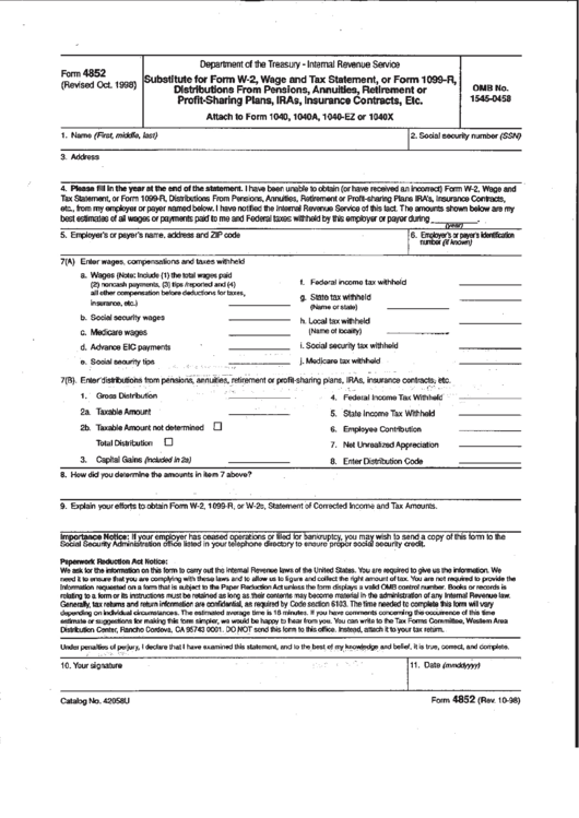 Form 4852 - Substitute For Form W-2, Wage And Tax Statement, Or Form 1099-R, Distributions Form Pensions, Annuities, Retirement Or Profit-Sharing Plans, Iras, Insurance Contacts, Ets. - 1998 Printable pdf