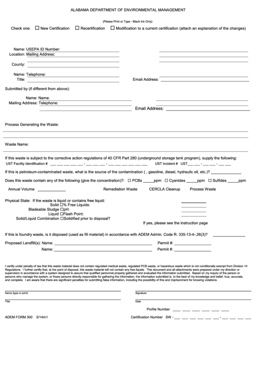 Fillable Adem Form 300 - Solid Waste Profile Sheet Printable pdf