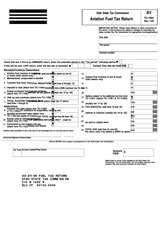 Form Tc-109a - Aviation Fuel Tax Return - Utah State Tax Commission Printable pdf