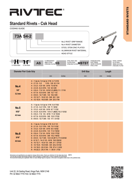 Standard Rivets - Csk Head/truss Head Size Chart - Rivtec Printable pdf