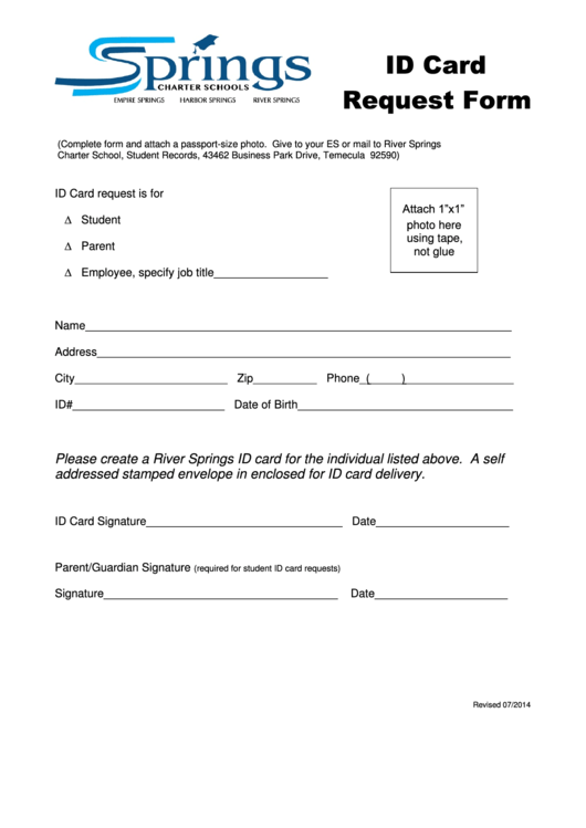 Id Card Request Form - Springs Charter Schools Printable pdf