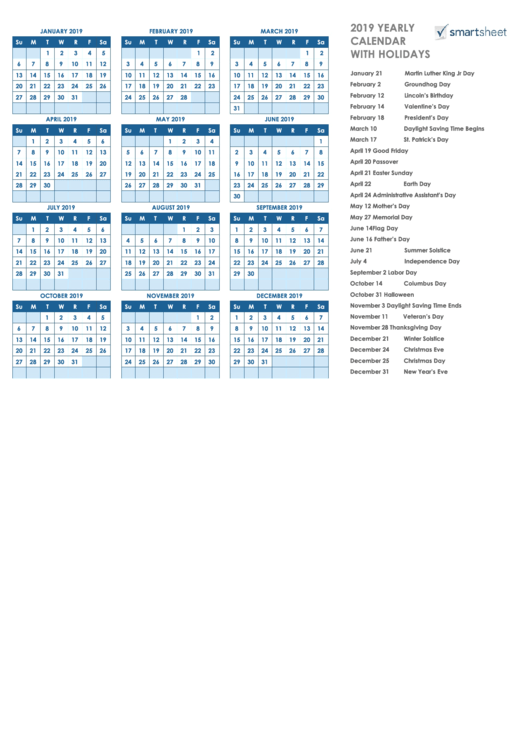 2019 Yearly Calendar Template With Holidays